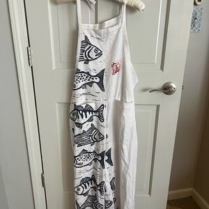 Fish Print White Jumpsuit with Pockets